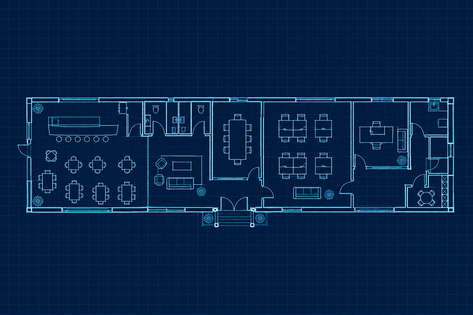 Architectural blueprint: floor plan, roof framing plan and elevations